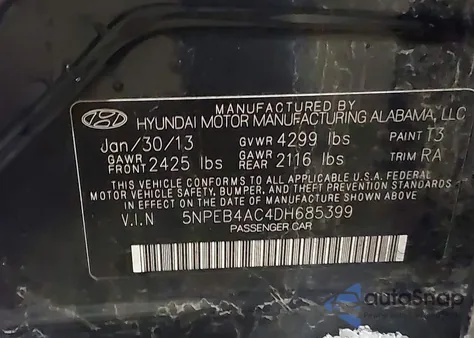 2013 Hyundai Sonata Gls from USA, damaged, VIN 5NPEB4AC4DH685399